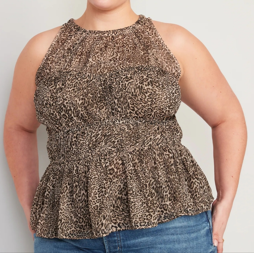 Old Navy leopard Sleeveless Shirred Crinkled Peplum Blouse XL